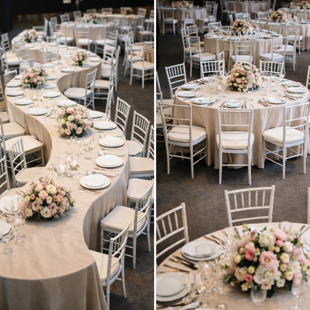 Tendencias de montaje: combinando mesas serpentina y mesas redondas en eventos premium